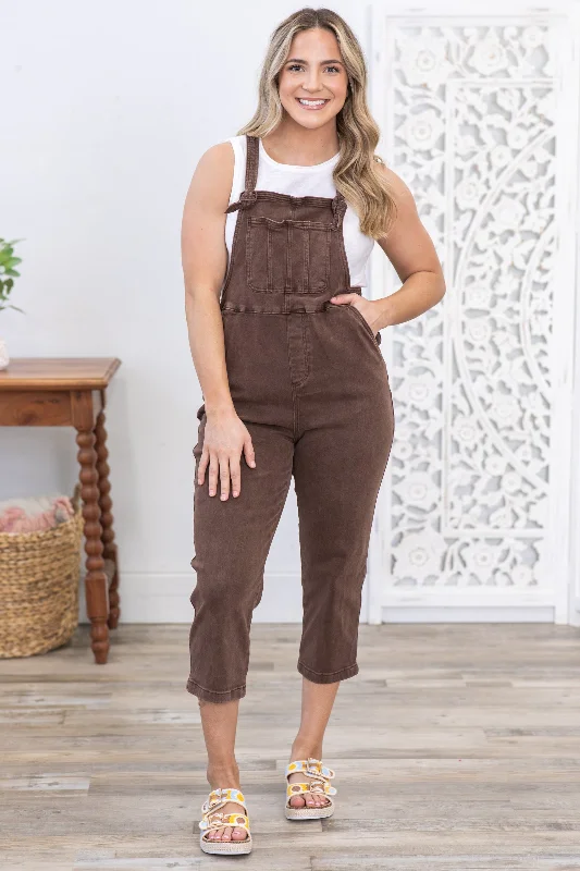  Women's Party OutfitBrown Washed Knot Strap Relaxed Overalls