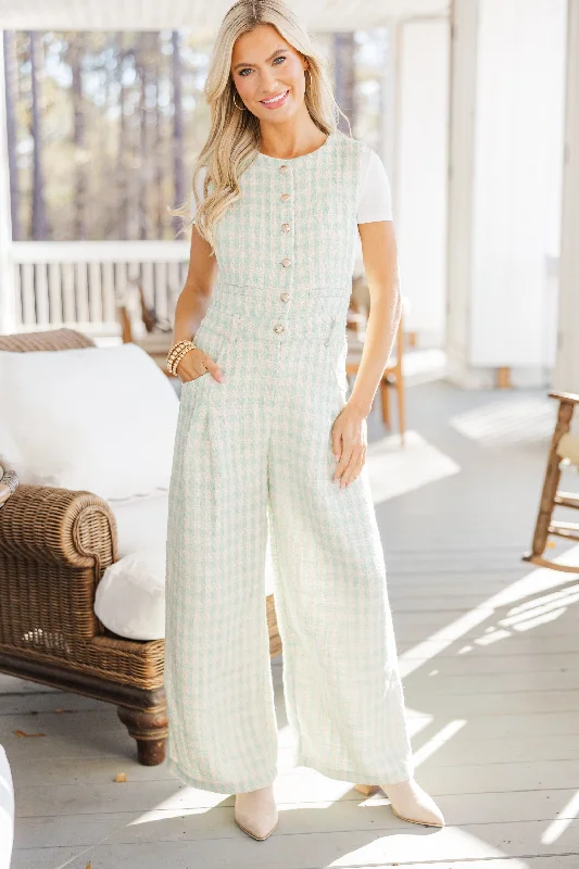  Vintage-Inspired Style OffersAll Eyes On You Sage Green Plaid Jumpsuit