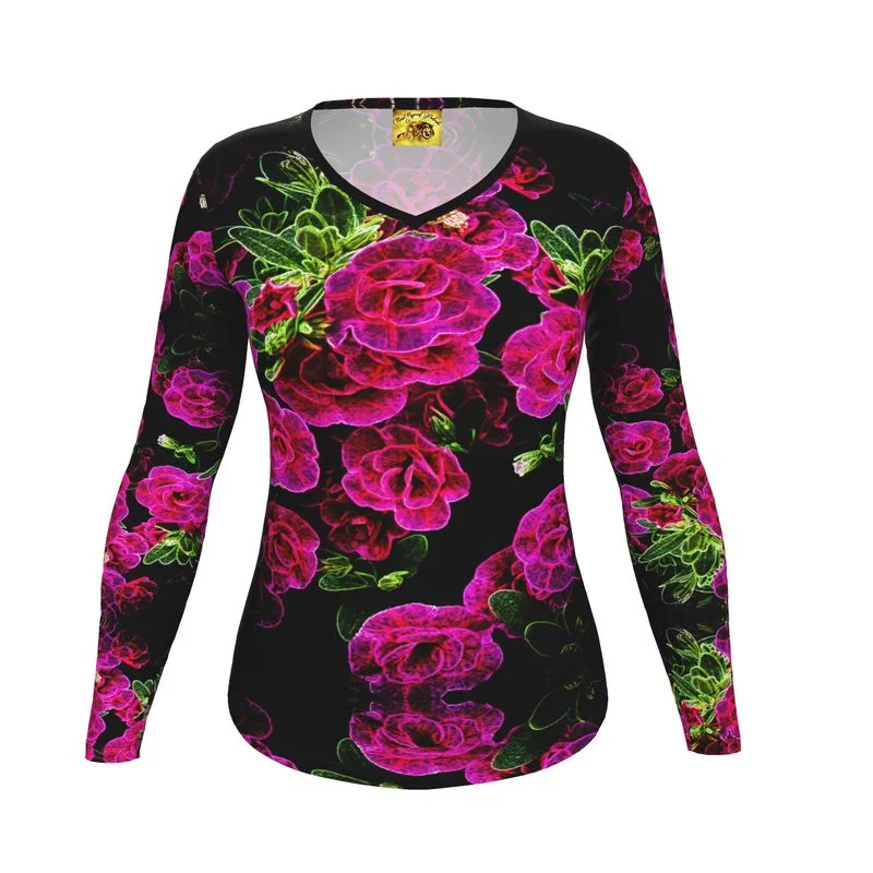  Women's Holiday ClothingFloral Embosses: Roses 02-01 Ladies Designer V-neck Slim Fit Long Sleeve Jersey T-shirt