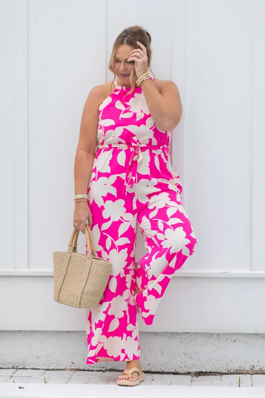  Dive Into Trendy StylesHot Pink Floral Print Halter Neck Jumpsuit