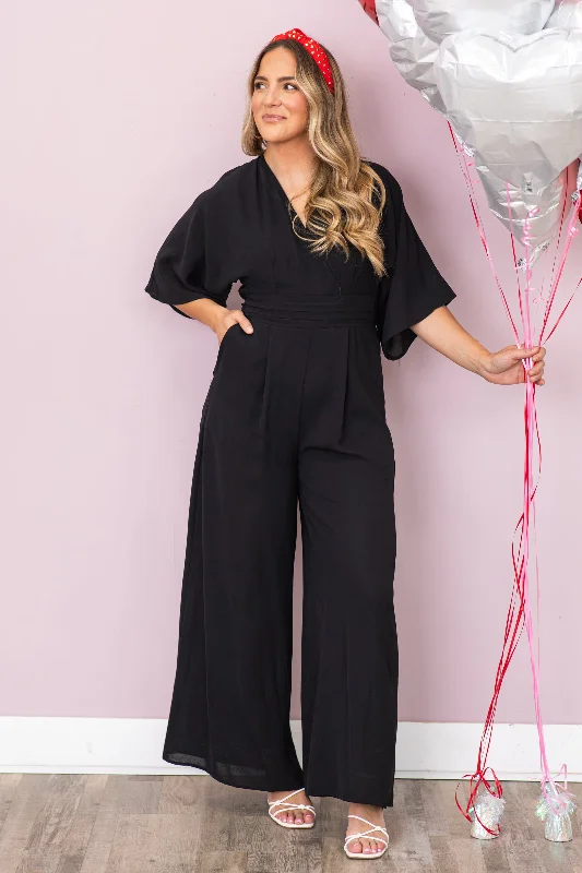  Women's Evening Wear OutfitBlack 3/4 Sleeve V-Neck Jumpsuit