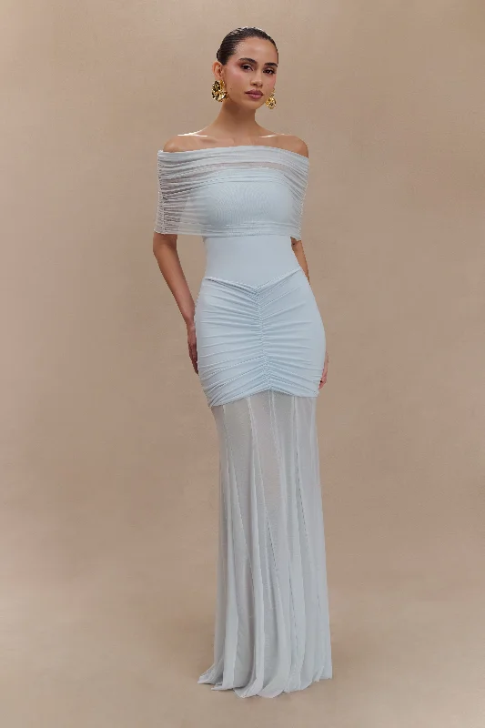  Stylish Clothes For WomenCaspian Slinky And Mesh Off Shoulder Maxi Dress - Pale Blue