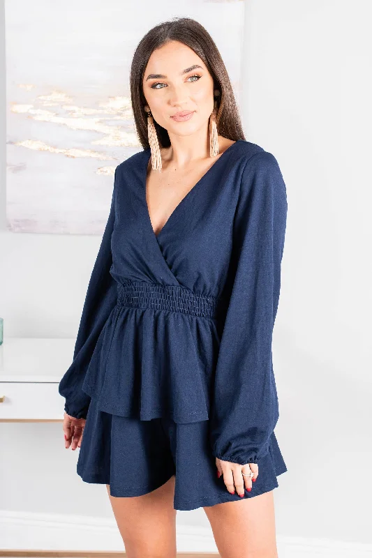  Stylish Women's AttireThrough The Night Navy Blue Smocked Waist Romper