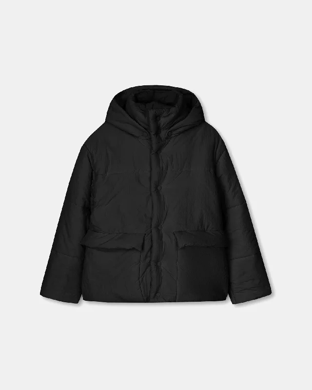  Women's Elegant ClothesHide Hood - Tech Poplin Hooded Puffer Jacket - Black