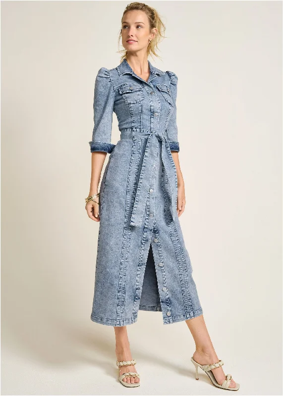  Women's Activewear AttireTie-Waist Denim Midi Dress - Acid Wash