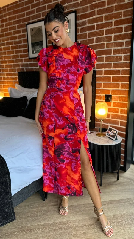  Women's Comfortable Lounge OutfitEimear Orange & Purple Abstract Print Flutter Sleeve Midi Dress (PRE ORDER)