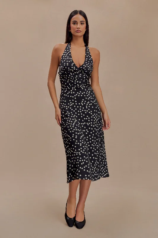  Cozy Chic PromotionsMarguerite Satin Halter Midi Dress - Black Polka Dot Print