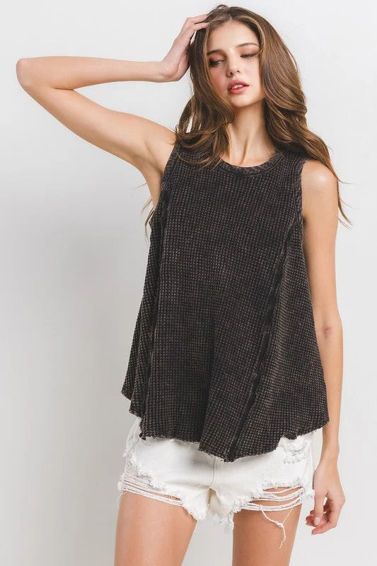  Charming Women's Outfit For Special OccasionsBLACK MINERAL WASHED WAFFLE KNIT SLEEVELESS TANK TOP TEU13765SA