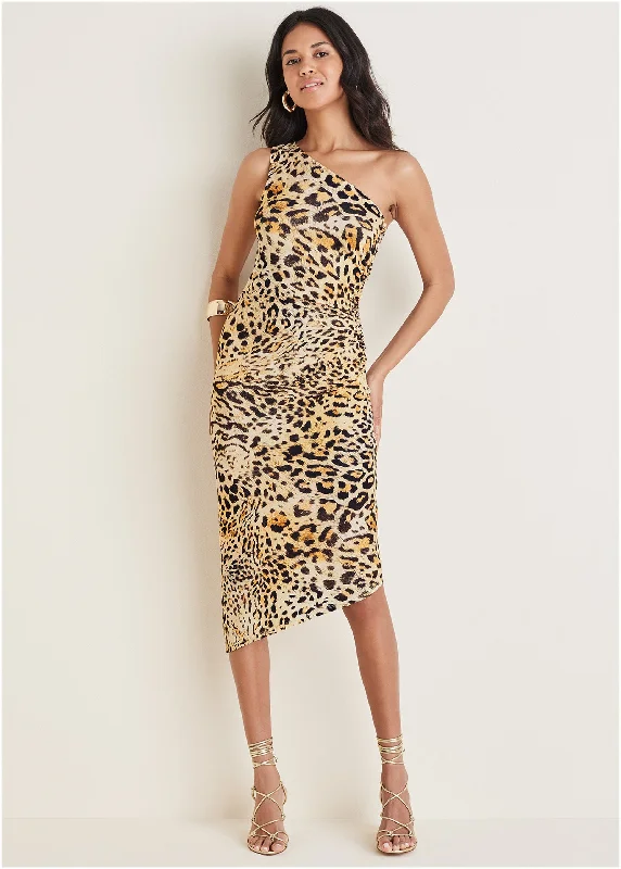  Women's Clothing SetsOne Shoulder Dress - Vintage Leopard