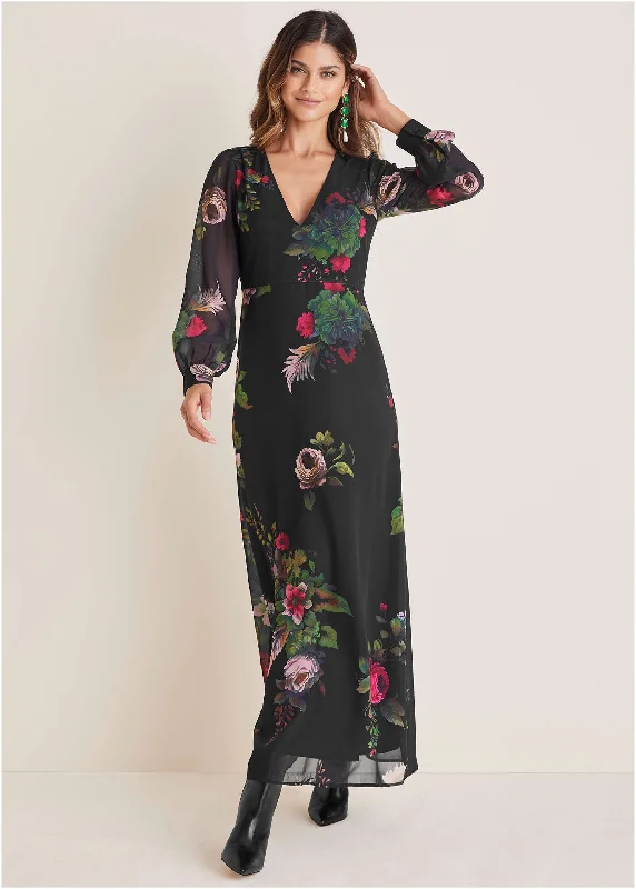  Women's Holiday AttireV-Neck Floral Maxi Dress - Black Multi