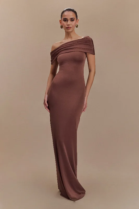  Women's Cozy ClothesCassandra Off Shoulder Slinky Maxi Dress - Chocolate