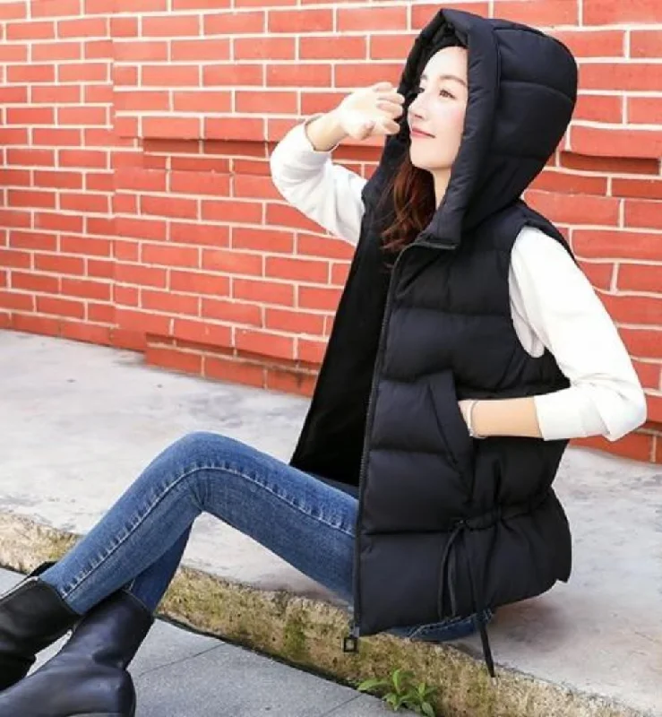  Elegant Women's AttireWomens Short Zipped Up Puffer Hooded Vest in Black