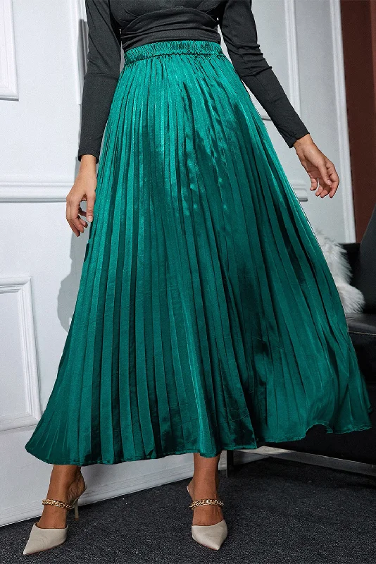  Women's Seasonal GarmentsBlackish Green Satin Elastic Waist Pleated Maxi Skirt