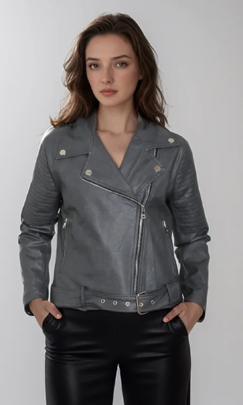  Exclusive Deals OnlineWomen leather jacket -Belt on Hem (Grey)