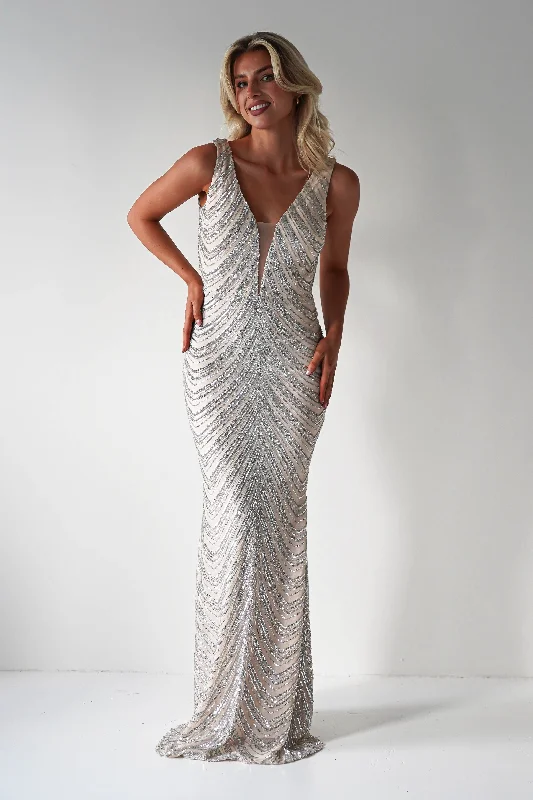  Affordable Women's GarmentsJulietta Sequin Bodycon Maxi Dress | Silver/Nude