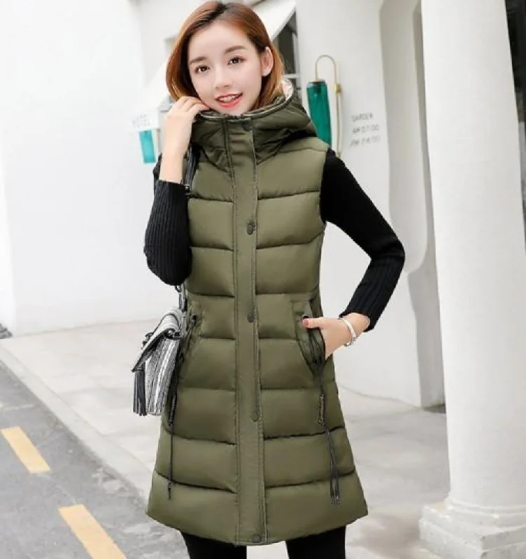  Women's Timeless AttireWomens Army Green High Collar Hooded Puffer Winter Vest