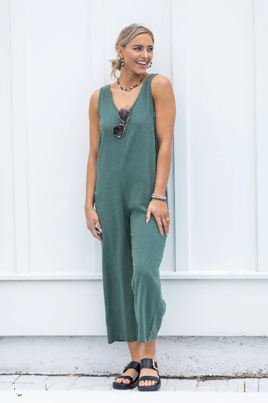  Budget FriendlyOlive Linen Sleeveless Jumpsuit