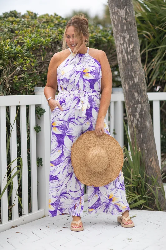  Unleash Your Trend Driven StylePurple Floral Print Halter Neck Jumpsuit