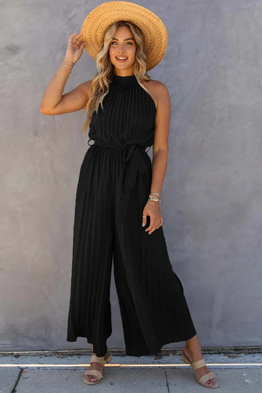  Affordable Fashion Clothing For WomenHalter Neck Pleated Wide Leg Jumpsuit with Belt