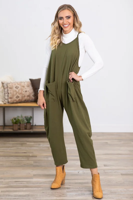  Charming Women's Outfit For Special OccasionsOlive Knit Jumpsuit With Pockets