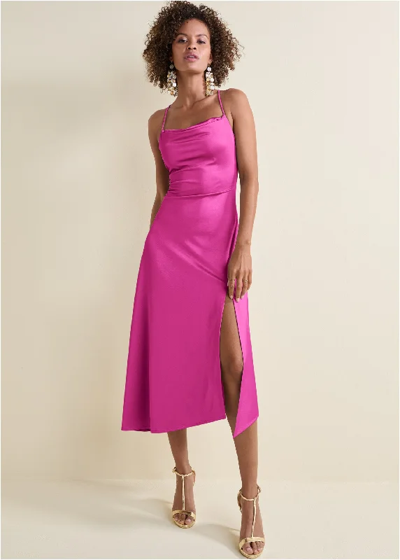  Stylish Women's ClothingSatin Midi Dress  - Fuchsia