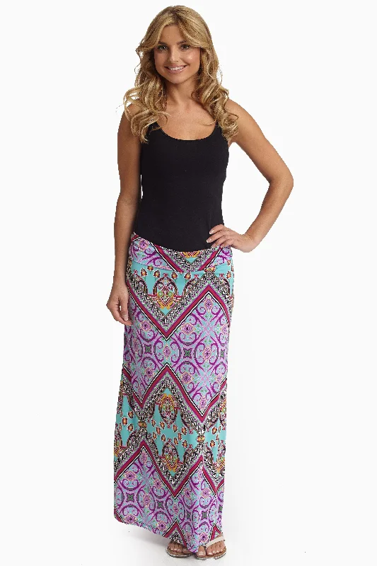  Retro Style PromotionsMint Green Vibrant Multi-Color Printed Maxi Skirt