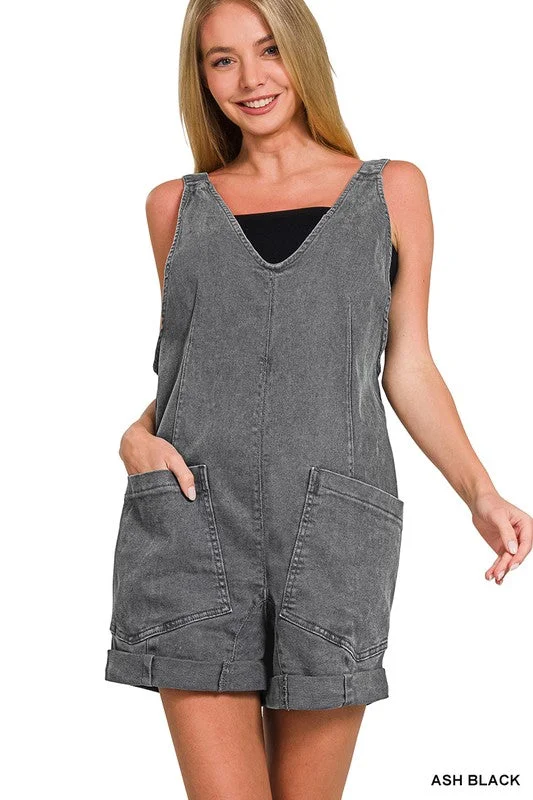  Chic And TrendyWashed Adjustable Strap Romper - Ash Black