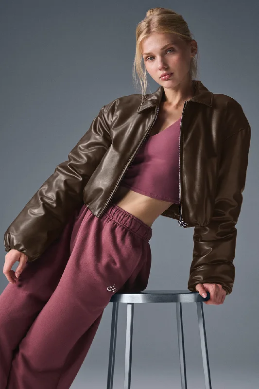  Women's Trendy ApparelFaux Leather Cropped Premier Bomber - Espresso