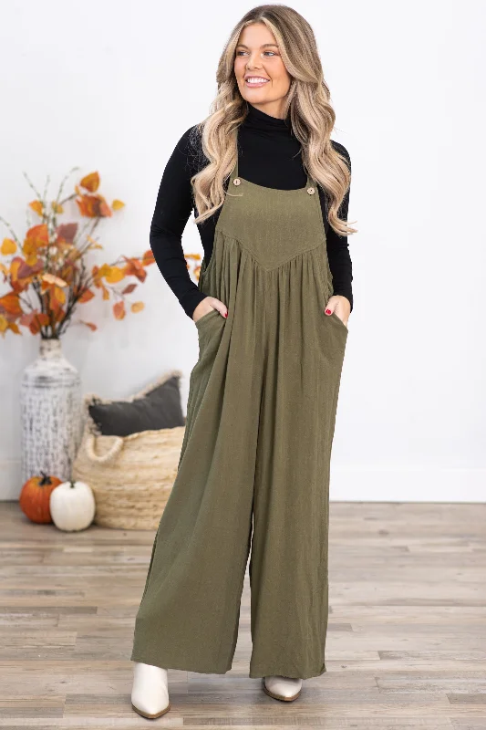  Women's Plus-Size Casual OutfitOlive Wide Leg Overalls With Pleats