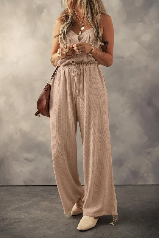  Tailored Clothing For WomenPale Khaki Knotted Straps Button Textured Drawstring Jumpsuit