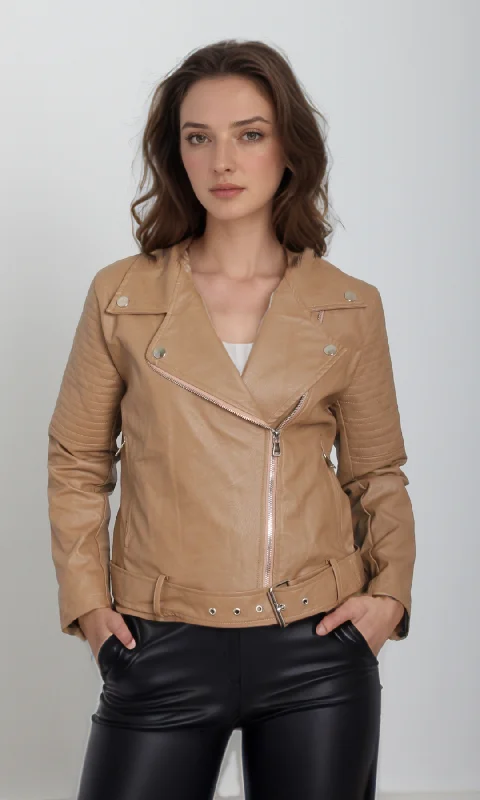  Flash Sale FeverWomen leather jacket -Belt on Hem (Café)