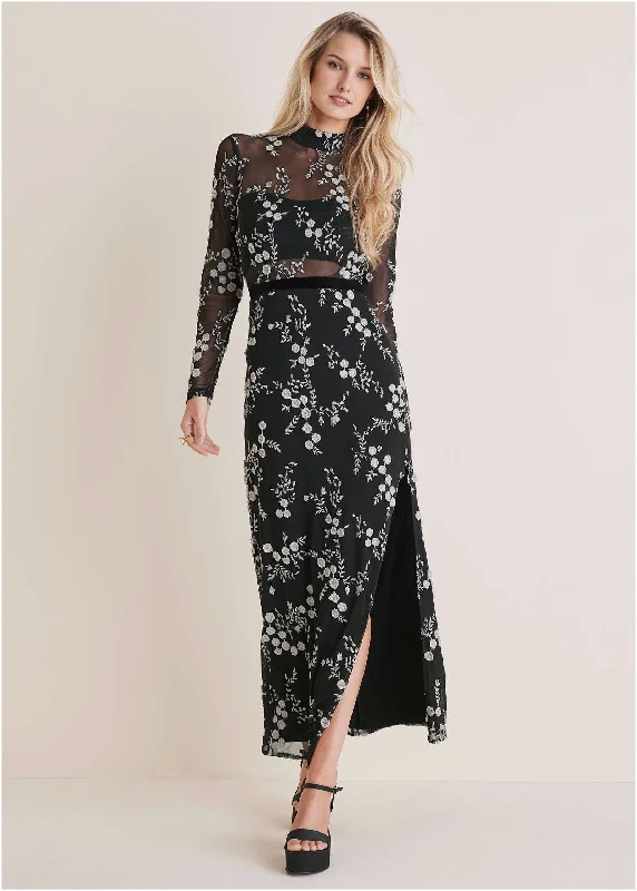  Casual Clothes For WomenEmbroidered Floral Maxi - Black