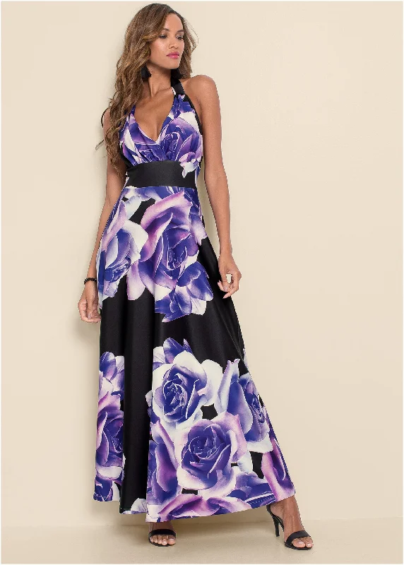  Women's Formal Event AttireFloral Printed Long Dress - Black & Purple