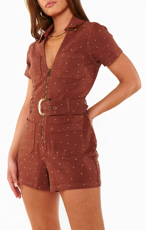  Women's Workout GarmentsTempe Romper ~ Studded Brown Denim