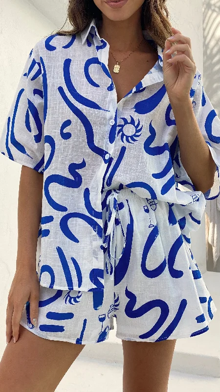  Comfortable Women's ClothesCharli Button Up Shirt and Shorts Set - White/Blue Swirl