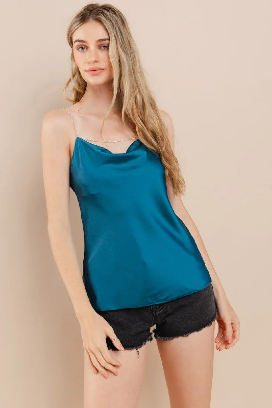  Women's Plus-Size OutfitSAPPHIRE SATIN COWL NECK RHINESTONE STRAP CAMI TOP CFTIU13490