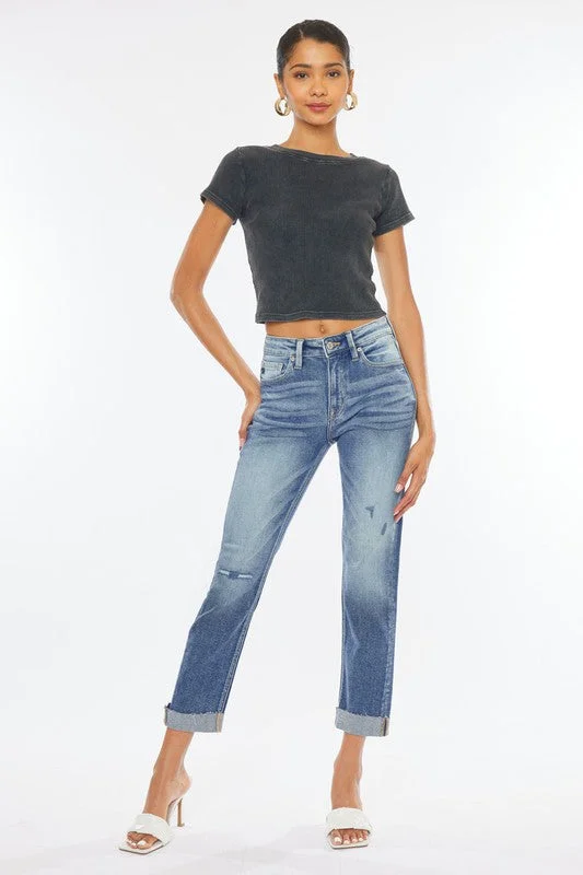  Women's Romantic OutfitHIGH RISE CUFFED SLIM STRAIGHT JEANS