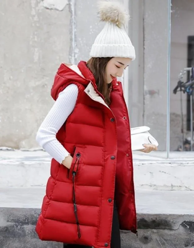  Women's Comfortable Lounge AttireWomens High Collar Hooded Puffer Winter Vest in Red