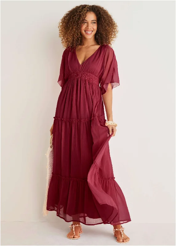  Women's Casual OutfitFlutter Sleeve Maxi Dress - Wine