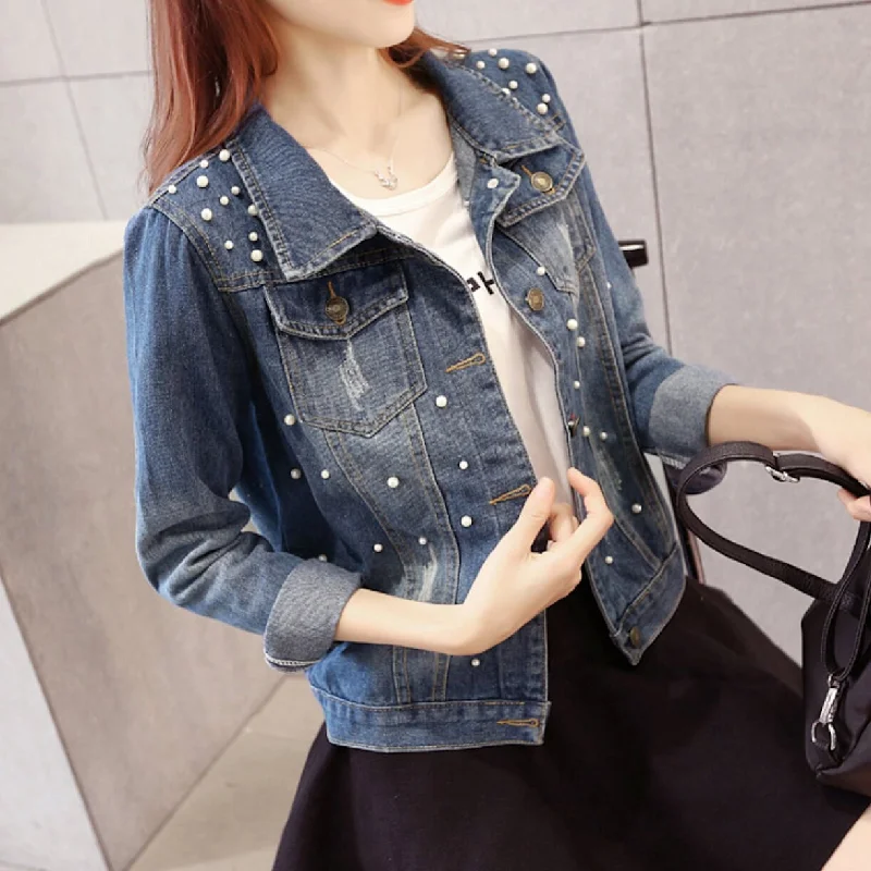  Huge MarkdownsWomens Denim Jacket with Pearls