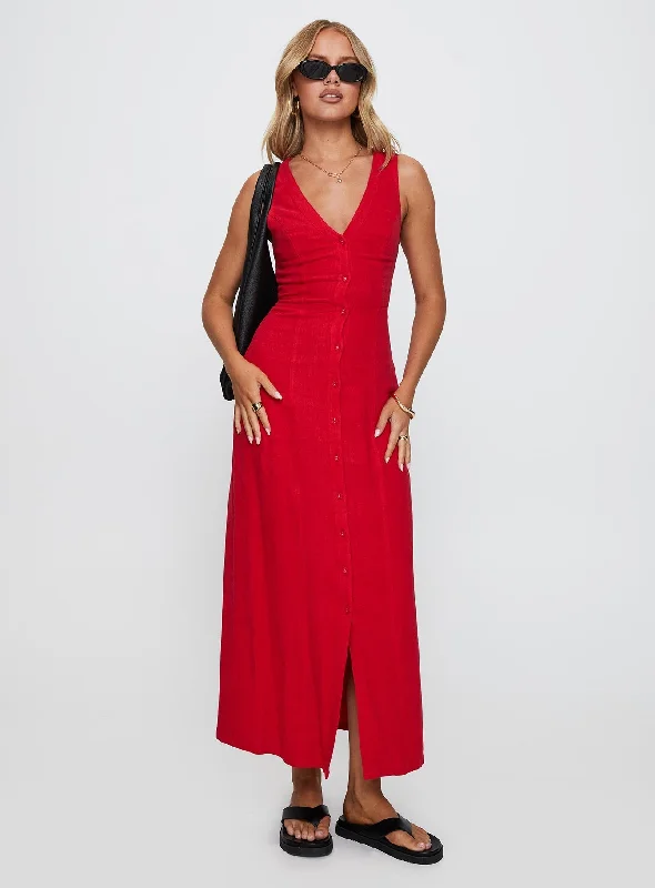  Women's Everyday GarmentsSummer Season Linen Blend Maxi Dress Red