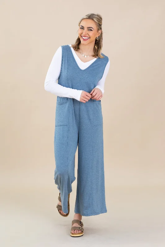  Hot ItemsDusty Blue French Terry Deep V-Neck Jumpsuit