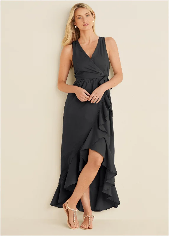  Women's AttireHigh-Low Wrap Dress - Black