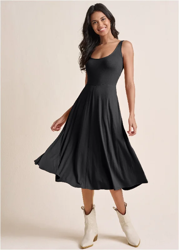  Women's Elegant Evening AttireMidi Dress With Pockets - Black