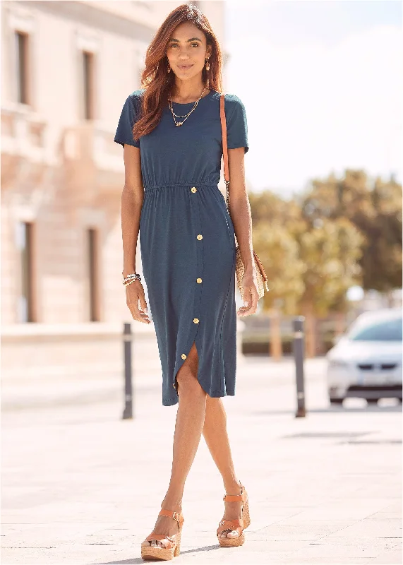  Comfortable Women's ApparelButton Detail Midi Dress - Blue