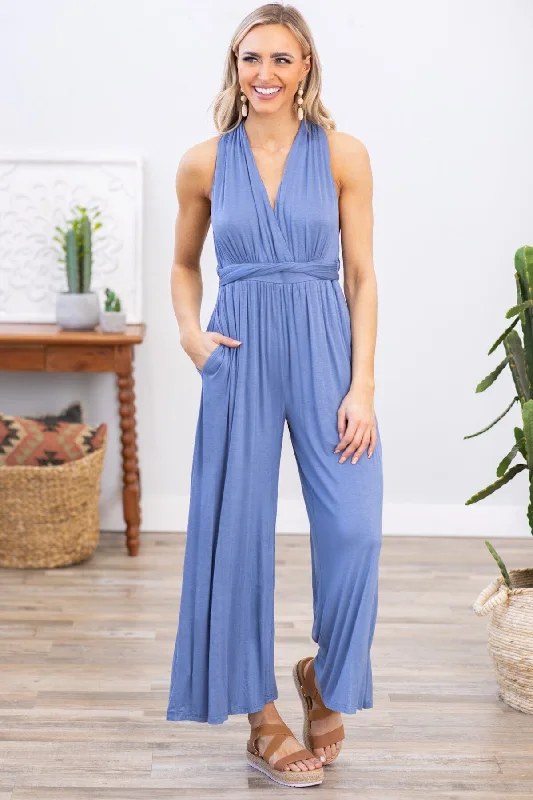  Find Your Unique FlairDusty Blue Convertible Strap Wide Leg Jumpsuit