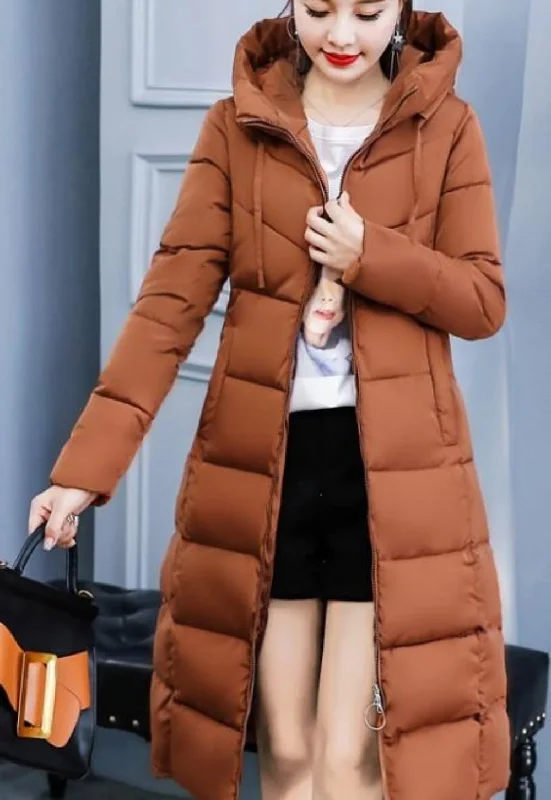  Women's Cozy Outfit For LoungingWomens Classic Puffer Hooded Long Coat in Brown