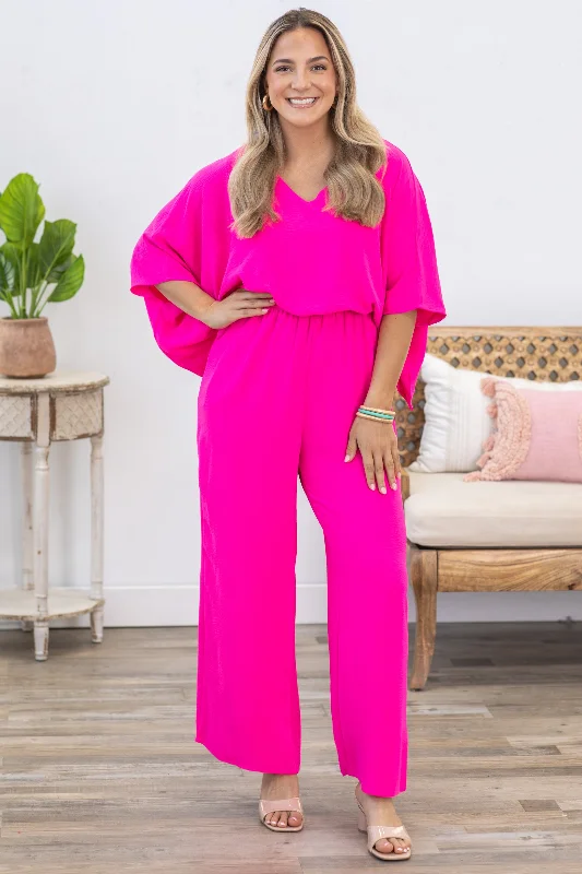  Hurry Before It'S GoneHot Pink Solid Dolman Sleeve Woven Jumpsuit