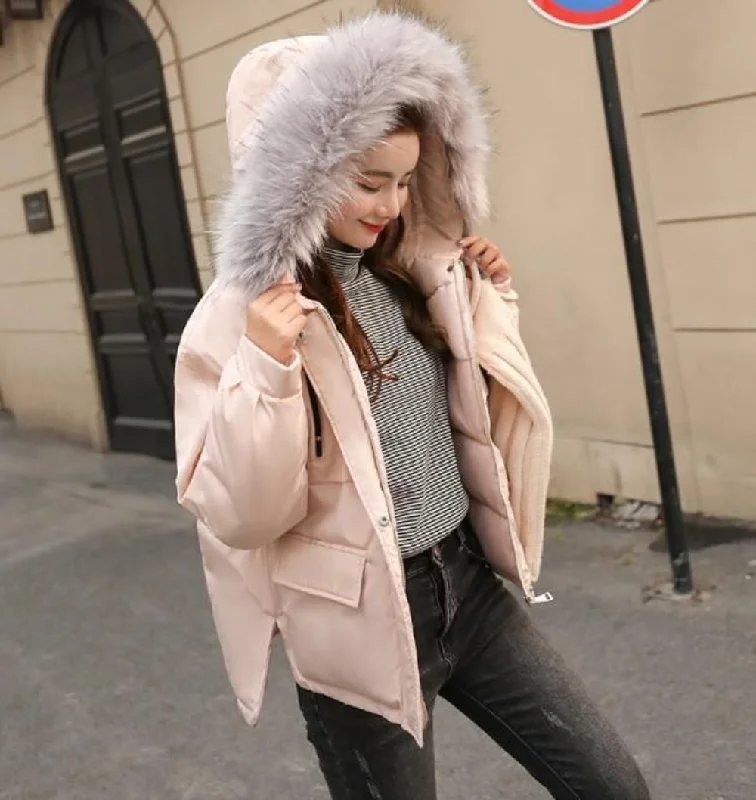  Charming Women's GarmentsWomens Winter Short Puffy Coat with Hood in Pink