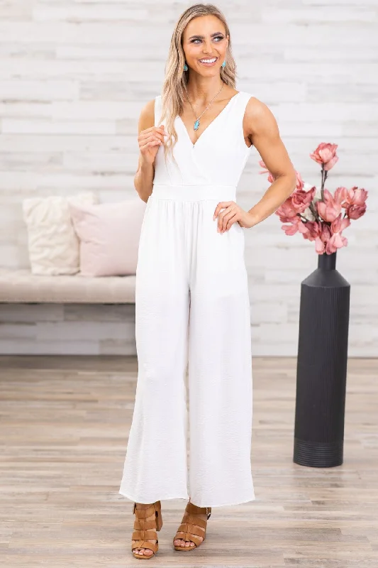  Shop SalesOff White Smocked Waist Double V-Neck Jumpsuit